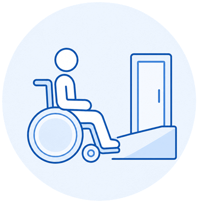 Icon für barrierefreie Zahnarztpraxis mit Rollstuhlzugang und ebenerdigem Eingang