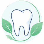 Icon für ganzheitliche Zahnmedizin mit Zahn-Symbol und grünen Blättern als Zeichen für natürliche und moderne Zahnheilkunde