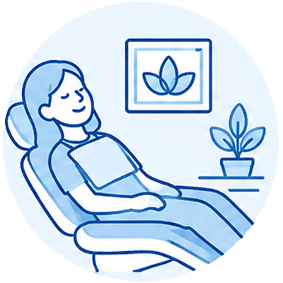 Icon für entspannten Zahnarztbesuch mit entspannter Patientin im modernen Behandlungsstuhl