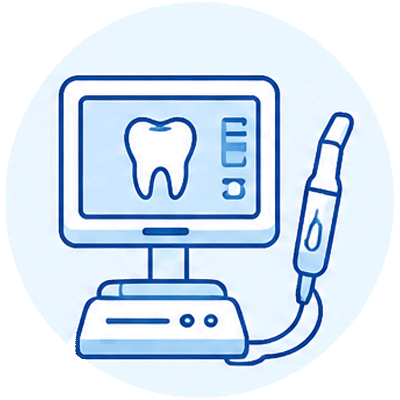 Icon für moderne Geräte und digitale Zahnmedizin in der Zahnarztpraxis mit dentalem Bildschirm und Behandlungsgerät