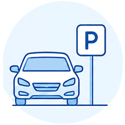 Icon für kostenlose Parkplätze direkt vor der Zahnarztpraxis in Trier mit Parkplatzsymbol und Fahrzeug